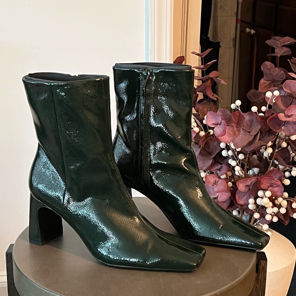 Zara Glossy Dark Green Heeled Boots - Picture 2 of 5